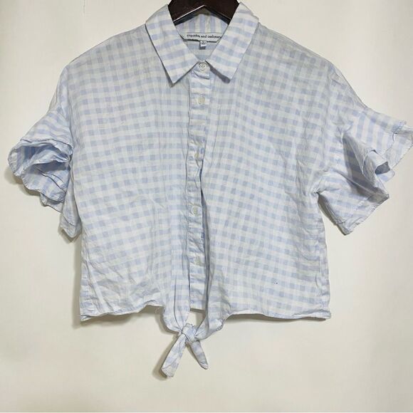 Cupcakes‎ And Cashmere Womens Blue And White Plaid Tie Front Sunnie Top Size L - Picture 1 of 5